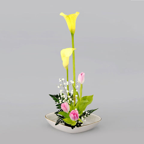 Diamond Shape Ceramic Ikebana Vase with Gold Rim, Japanese Style - theTeaCloud
