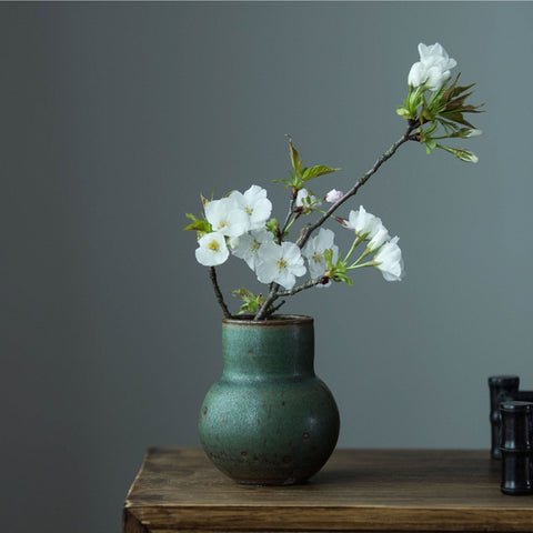 Handmade Ceramic Vase, traditional Japanese Green Vintage Style