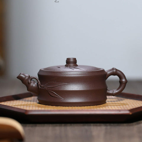 Handmade Yixing Zisha Purple Clay Teapot in Bamboo Style, Made with Yixing Purple Clay, 240ml/8oz - theTeaCloud