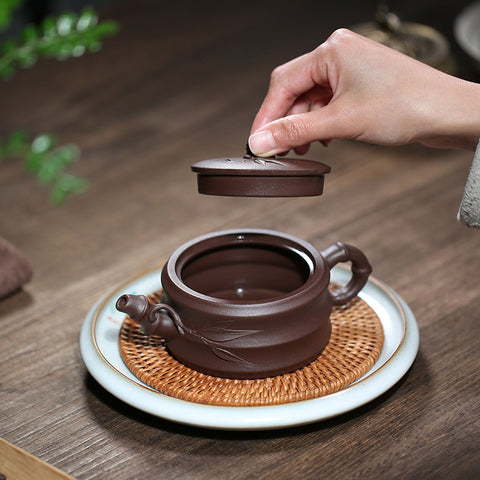 Handmade Yixing Zisha Purple Clay Teapot in Bamboo Style, Made with Yixing Purple Clay, 240ml/8oz - theTeaCloud