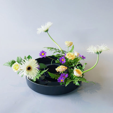 Ceramic Semi Circle Ikebana Vase, Kenzan Flower Frog Included - theTeaCloud