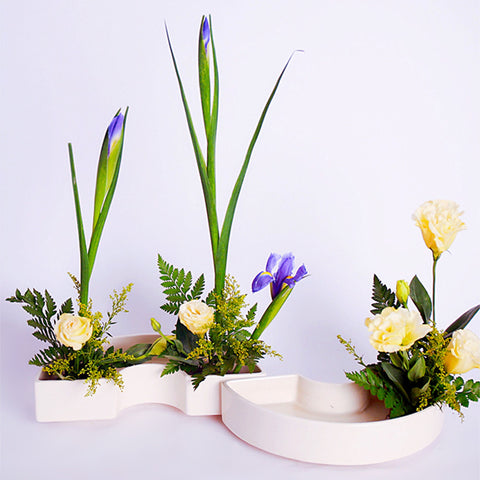 Ceramic Semi Circle Ikebana Vase, Kenzan Flower Frog Included