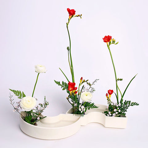 Ceramic Semi Circle Ikebana Vase, Kenzan Flower Frog Included - theTeaCloud