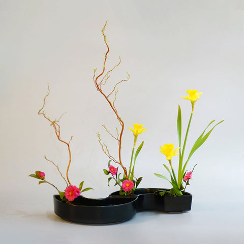 Ceramic Semi Circle Ikebana Vase, Kenzan Flower Frog Included - theTeaCloud