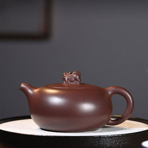 Handmade Yixing Zisha Teapot, Traditional Chinese Purple Clay Teapot with Auspicious Animal on Top, 8.5oz Capacity