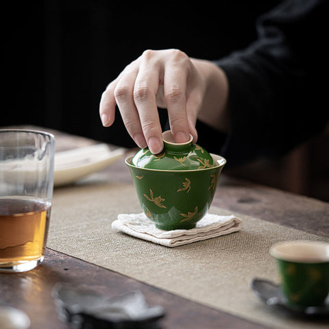 Emerald Green and Gold Water Orchid Gaiwan Teacup Set, Kungfu Tea Cups, 150ml Large Capacity