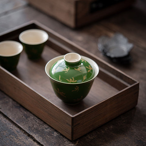 Emerald Green and Gold Water Orchid Gaiwan Teacup Set, Kungfu Tea Cups, 150ml Large Capacity - theTeaCloud