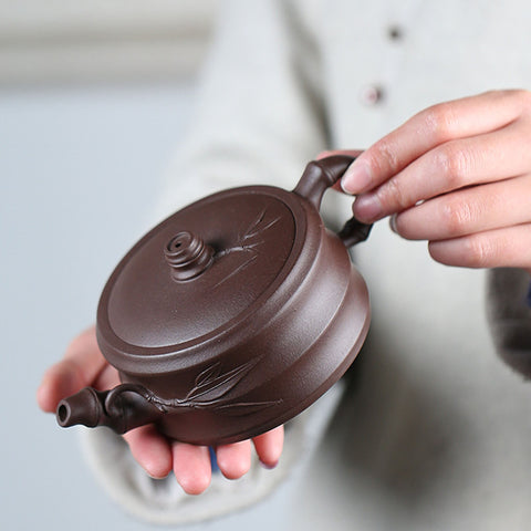 Handmade Yixing Zisha Purple Clay Teapot in Bamboo Style, Made with Yixing Purple Clay, 240ml/8oz - theTeaCloud