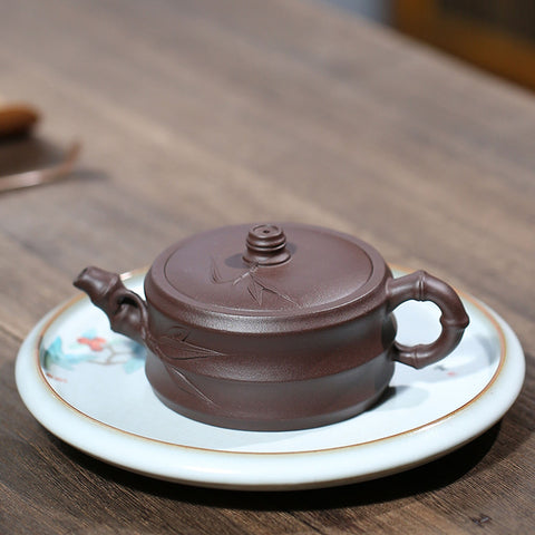 Handmade Yixing Zisha Purple Clay Teapot in Bamboo Style, Made with Yixing Purple Clay, 240ml/8oz - theTeaCloud
