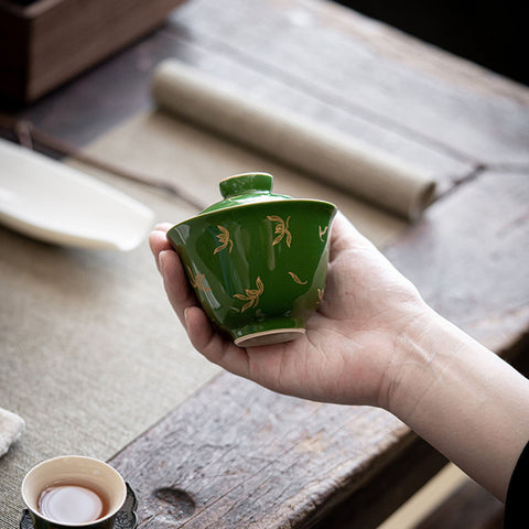 Emerald Green and Gold Water Orchid Gaiwan Teacup Set, Kungfu Tea Cups, 150ml Large Capacity