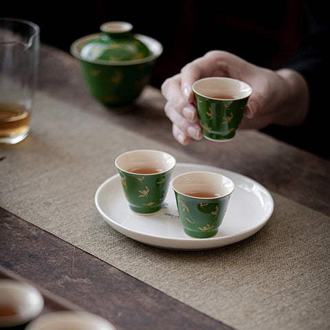 Emerald Green and Gold Water Orchid Gaiwan Teacup Set, Kungfu Tea Cups, 150ml Large Capacity