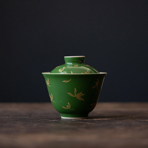 Emerald Green and Gold Water Orchid Gaiwan Teacup Set, Kungfu Tea Cups, 150ml Large Capacity - theTeaCloud