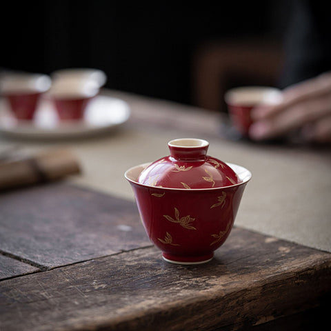 Red and Gold Water Orchid Gaiwan Teacup Set, Kungfu Tea Cups, 150ml Large Capacity - theTeaCloud