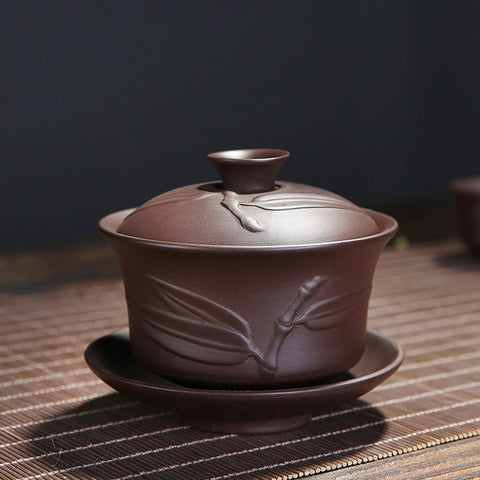 Bamboo Leaf Zisha Clay Gaiwan Set, 135ml Capacity