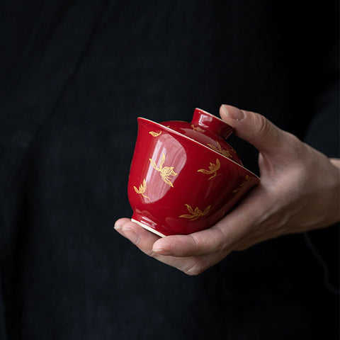Red and Gold Water Orchid Gaiwan Teacup Set, Kungfu Tea Cups, 150ml Large Capacity - theTeaCloud