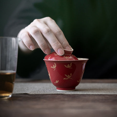 Red and Gold Water Orchid Gaiwan Teacup Set, Kungfu Tea Cups, 150ml Large Capacity - theTeaCloud
