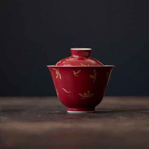Red and Gold Water Orchid Gaiwan Teacup Set, Kungfu Tea Cups, 150ml Large Capacity - theTeaCloud