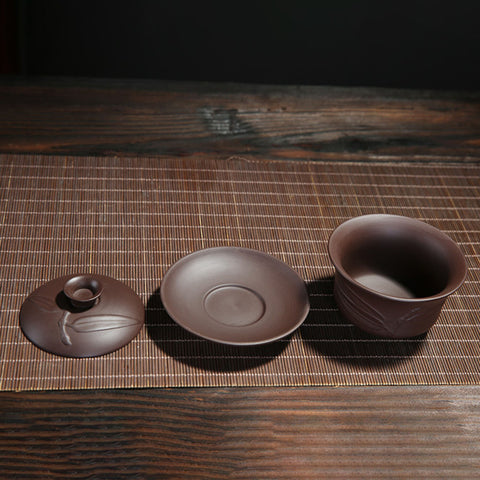 Bamboo Leaf Zisha Clay Gaiwan Set, 135ml Capacity - theTeaCloud