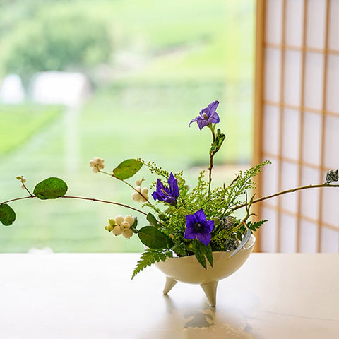 Handmade Grass and Ash Porcelain Ikebana Vase, Ikebana Bowl Kenzan Flower Frog Included - theTeaCloud