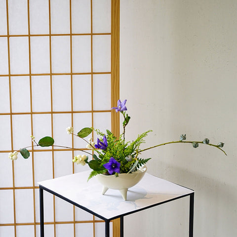 Handmade Grass and Ash Porcelain Ikebana Vase, Ikebana Bowl Kenzan Flower Frog Included - theTeaCloud