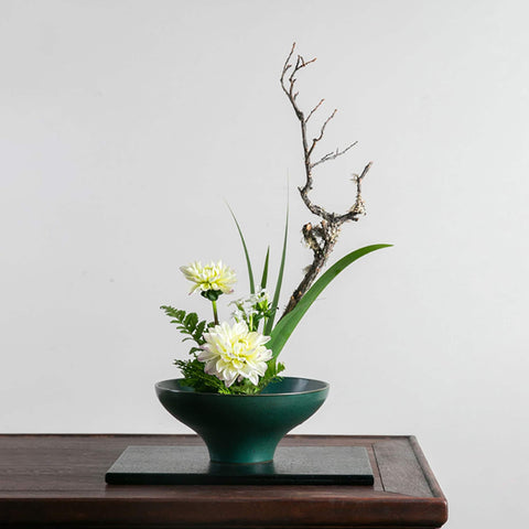 Peacock Green Ceramic Ikebana Bowl/ Ikebana Vase, Traditional Japanese Flower Arrangement with Kenzan Flower Frog Included