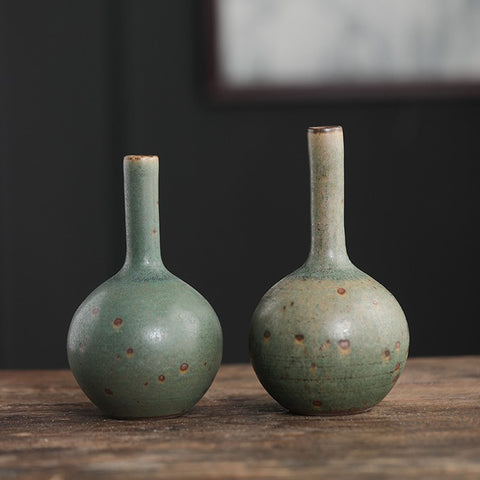 Handmade Long Neck Ceramic Vase, traditional Japanese Green Vintage Style - theTeaCloud