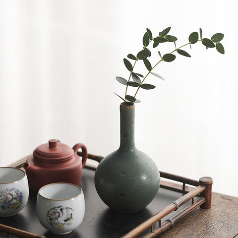 Handmade Long Neck Ceramic Vase, traditional Japanese Green Vintage Style - theTeaCloud