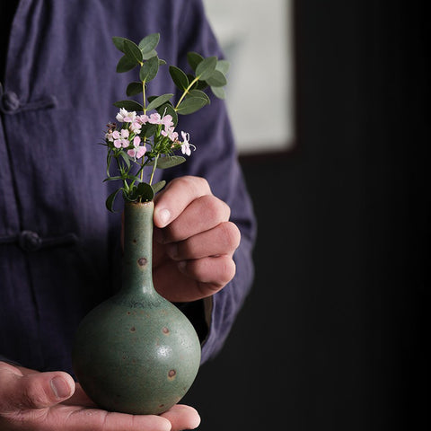 Handmade Long Neck Ceramic Vase, traditional Japanese Green Vintage Style - theTeaCloud