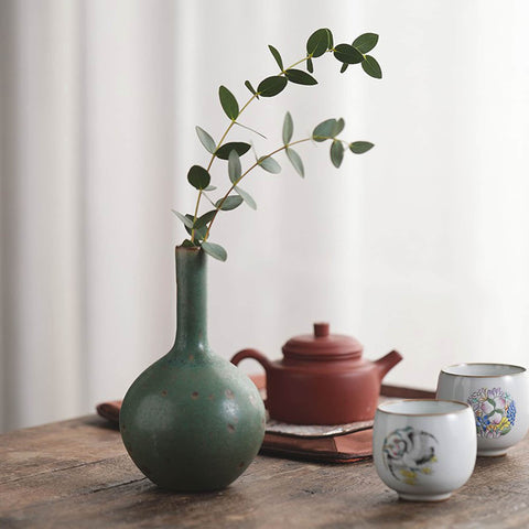 Handmade Long Neck Ceramic Vase, traditional Japanese Green Vintage Style - theTeaCloud