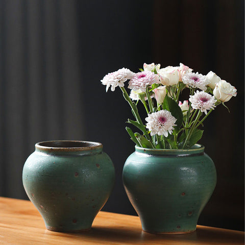 Handmade Ceramic Flower Pot/ Ikebana Vase, Traditional Japanese Green Vintage Style