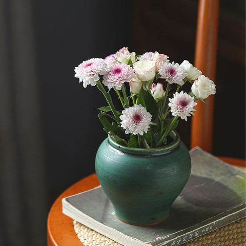 Handmade Ceramic Flower Pot/ Ikebana Vase, Traditional Japanese Green Vintage Style