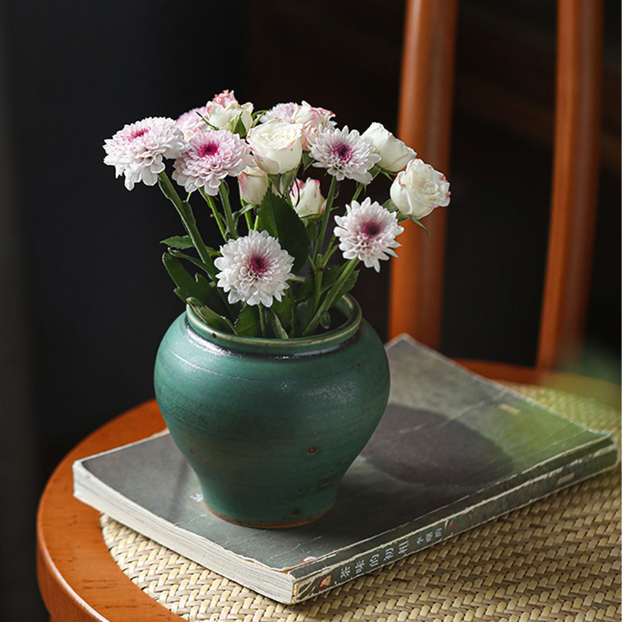 japanese style plant pots Handmade Ceramic Flower Pot/ Ikebana Vase, Traditional Japanese Green Vintage Style