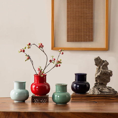 Traditional Japanese Vintage Style Short Vases, Porcelain Short Vases - four colors - theTeaCloud