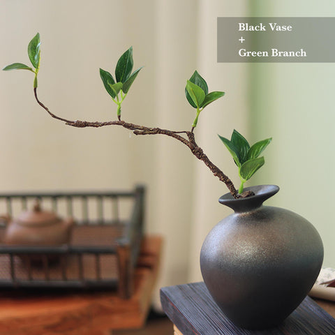 Ceramic Zen Style Vase, Adjustable Faux Flower Branch Included, Two Colors - theTeaCloud
