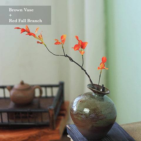 Ceramic Zen Style Vase, Adjustable Faux Flower Branch Included, Two Colors