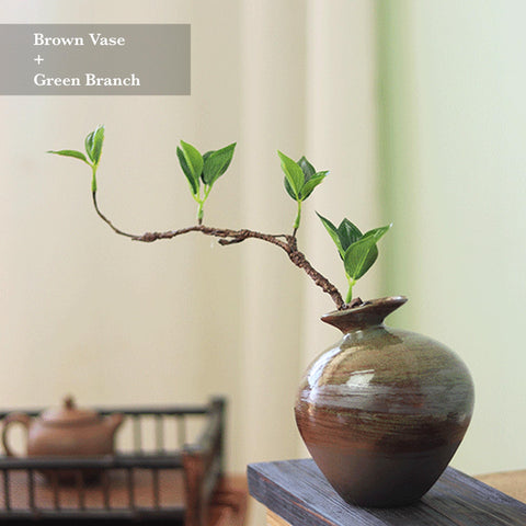 Ceramic Zen Style Vase, Adjustable Faux Flower Branch Included, Two Colors