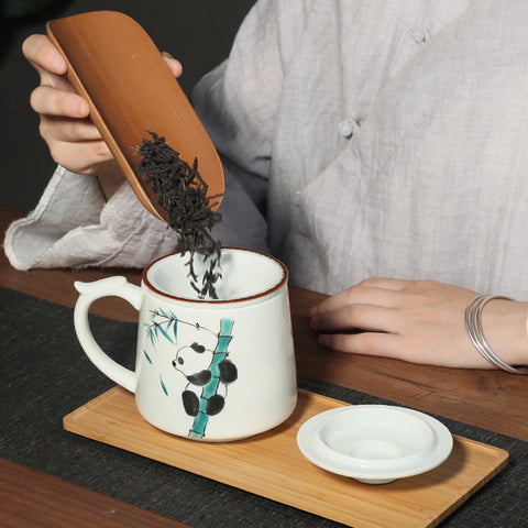 Hand Painted Panda Ceramic Tea Mugs with Lid and Tea Strainer, 375ml/12.5oz Capacity