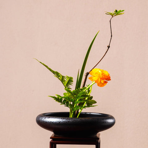 Traditional Japanese Style Ink Speckled Black, Ikebana Plate - theTeaCloud