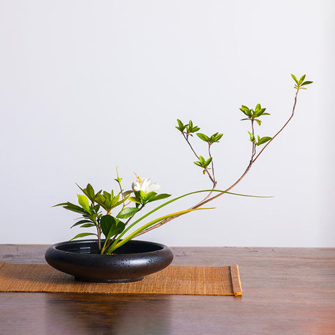 Traditional Japanese Style Ink Speckled Black, Ikebana Plate - theTeaCloud