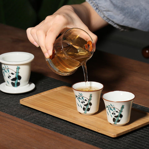 Hand Painted Panda Graphic Porcelain Tea Set, 1 Teapot with 2 Teacups