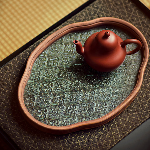 Begonia Flower Shape Oriental Style Glass and Bamboo Tea Tray/Serving Tray/Storage Tray