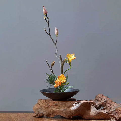 Japanese Zen Style Ikebana Bowl, Japanese Floral Arrangement, Large Kenzan Flower Frog Included, Four Colors - theTeaCloud