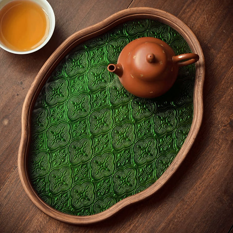 Begonia Flower Shape Oriental Style Glass and Bamboo Tea Tray/Serving Tray/Storage Tray