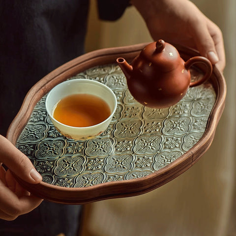 Begonia Flower Shape Oriental Style Glass and Bamboo Tea Tray/Serving Tray/Storage Tray