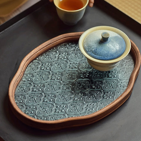 Begonia Flower Shape Oriental Style Glass and Bamboo Tea Tray/Serving Tray/Storage Tray - theTeaCloud