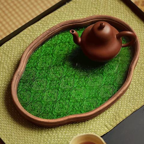 Begonia Flower Shape Oriental Style Glass and Bamboo Tea Tray/Serving Tray/Storage Tray