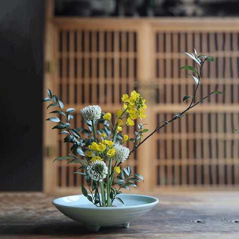 Japanese Zen Style Ikebana Bowl, Japanese Floral Arrangement, Large Kenzan Flower Frog Included, Four Colors - theTeaCloud