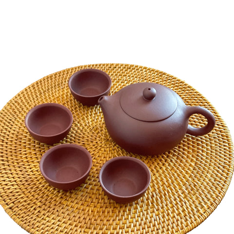 Handmade Yixing Zisha Teaset, Red Clay Teapot in Xishi Style with Four Pairing Cups