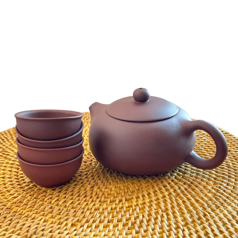 Handmade Yixing Zisha Teaset, Red Clay Teapot in Xishi Style with Four Pairing Cups
