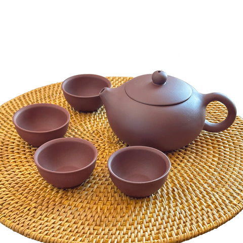 Handmade Yixing Zisha Teaset, Red Clay Teapot in Xishi Style with Four Pairing Cups